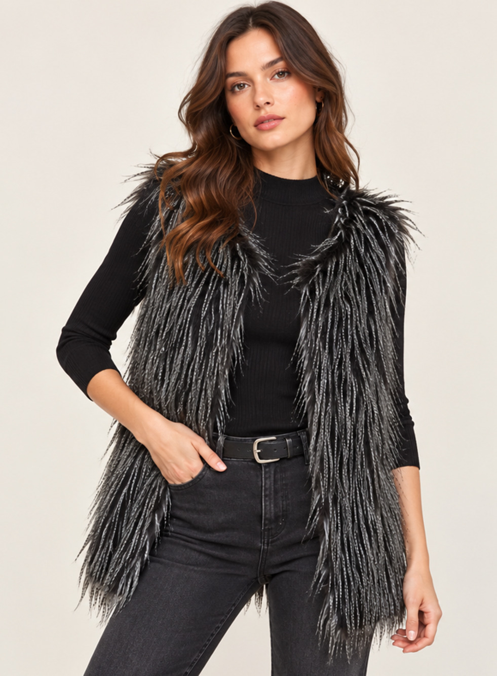 Max Studio Faux Ostrich Feather Vest Sz S Longline Open Front Boho Western Indie